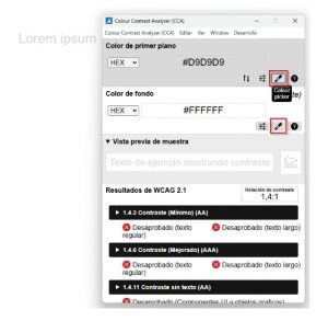 captura de pantalla de la aplicación colour contrast analyzer